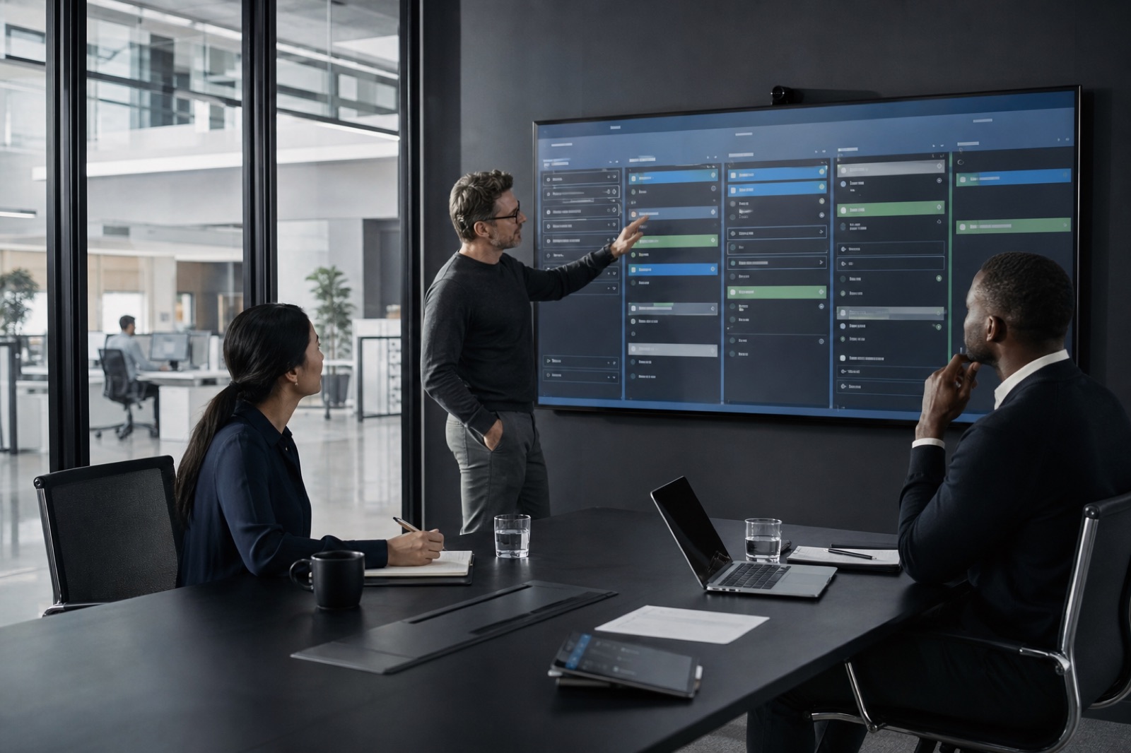 Cross-functional enterprise team coordinating decisions in a structured operations workspace