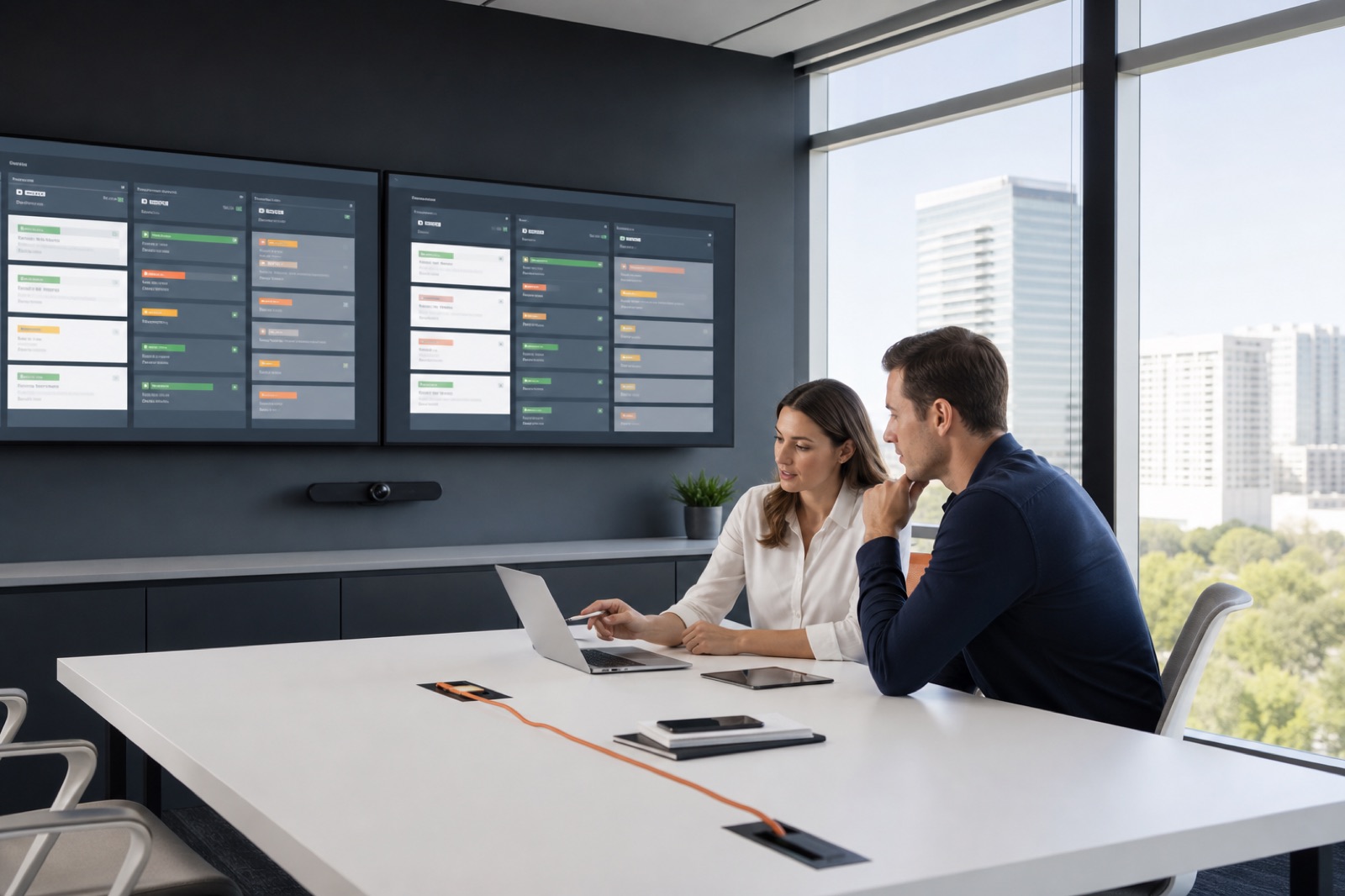 Team reviewing deal status on a wall display inside a modern brokerage operations room